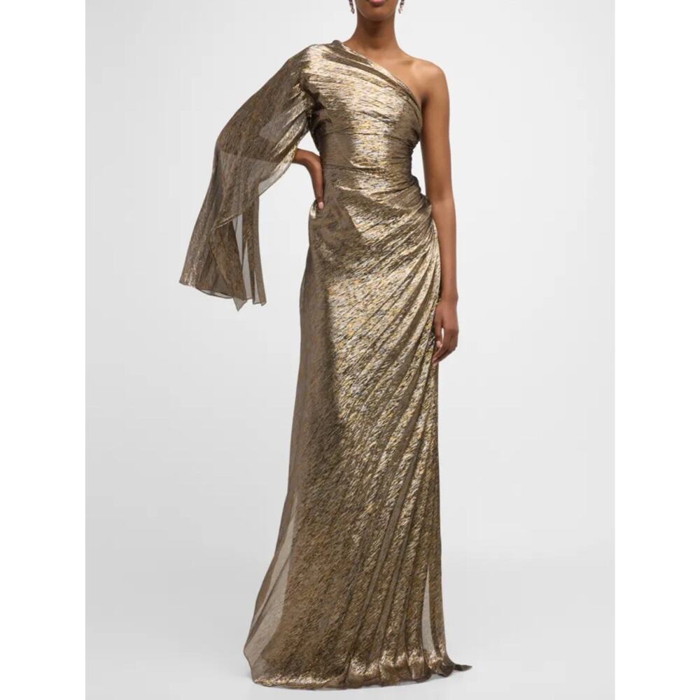 Oscar De La Renta One Shoulder Gown Draped Silk Lame Pleated Maxi Dress Formal - Picture 11 of 15